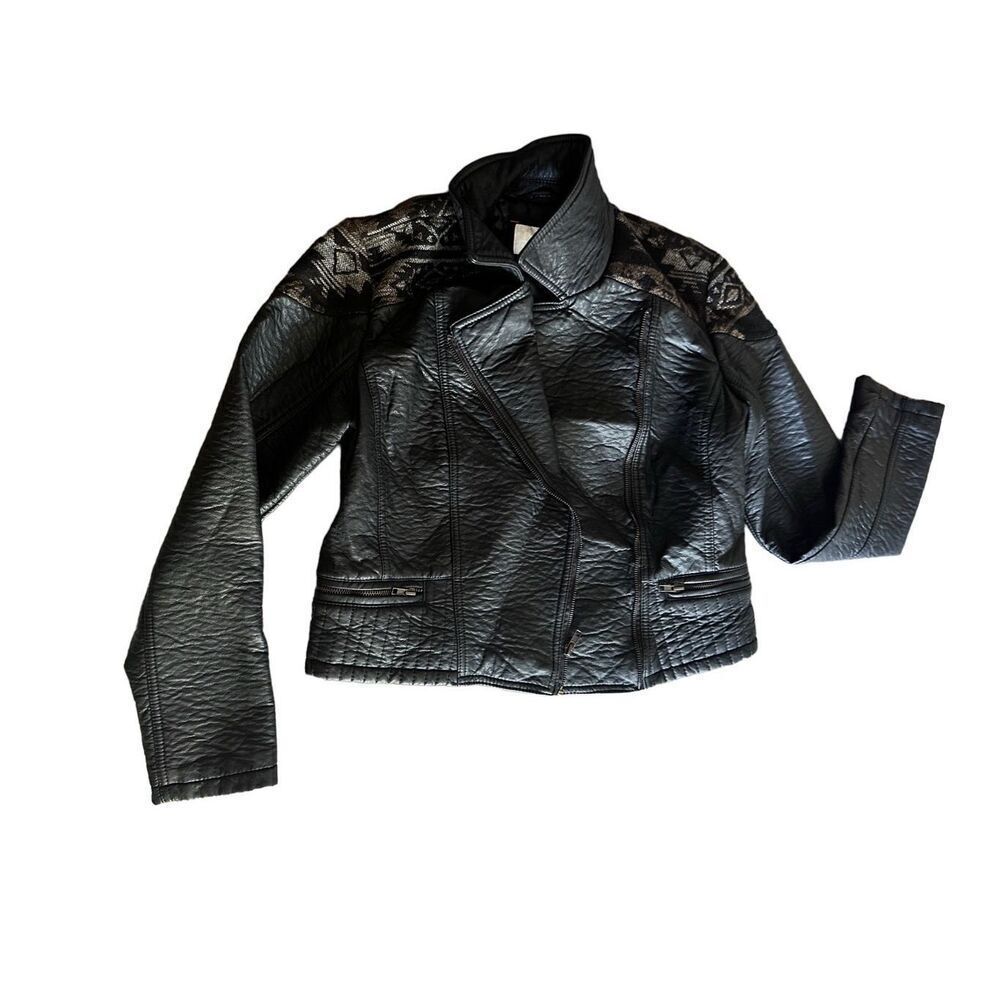 Xhiliration Faux Leather Jacket with patterns on shoulders.